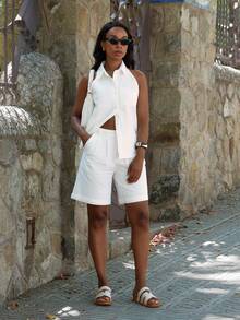 Yess Loren Women Denim Two Pieces Outfits , All White Woman Outfits - White - View 4