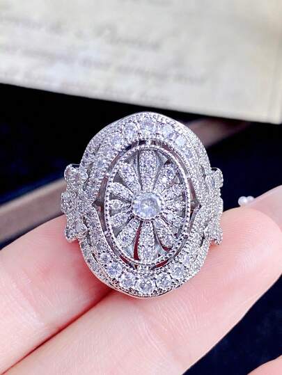 1 件复古雏菊微镶嵌全钻戒指，蕾丝设计椭圆形简约奢华日常/派对佩戴戒指，适合女性，友谊礼物