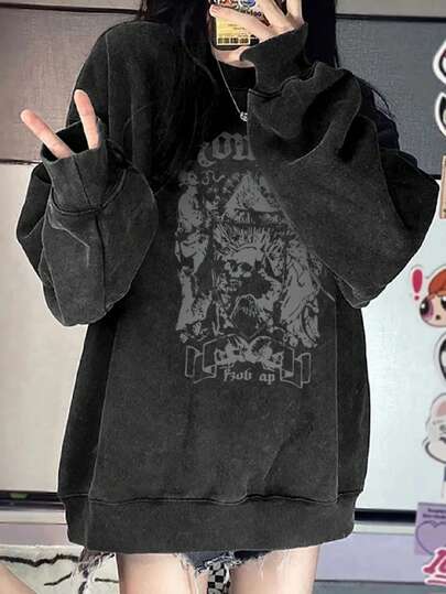 Women's Y2K Oversized Comfortable Black Washed Vintage American Hip Hop Letter Print Casual Vacation Home Street Chic Student Round Neck Long Sleeve Sweatshirt