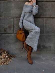 Vivid Style Women's Minimalist Fashion Elegant Off-Shoulder Design Slim-Fit Silhouette Versatile And Stylish Bodycon Knit Sweater Dress