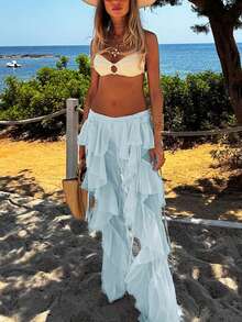 Outdoor Fashionable Tie-Up Ruffle Hem Flare Pants, Spring/Summer - Blue - View 2