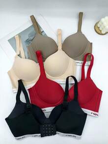 4-Pack Women's Underwear Bra Solid Color Thin Style Big Chest Small No Steel Ring Seamless Underwear Women's Letter Breathable Lifting And Gathering Side Breast Anti-Sagging Adjustment Bra Women - 彩色 - 查看 2