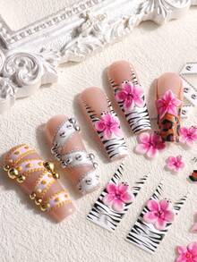 2/1pc 5D Retro Leopard Print Nail Stickers – Pink Hibiscus, Zebra & Leopard Patterns, French-Style Embossed Self-Adhesive Decals; Sexy & Glamorous Autumn/Winter Nail Art Decorations For DIY & Salons. - Multicolor - View 2