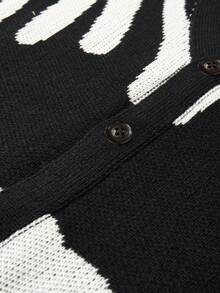 Boys' & Teens' Black & White Abstract Colorblock V-Neck Knitted Cardigan, Single-Breasted Loose Thick Sweater Jacket, Autumn/Winter - Black - View 8