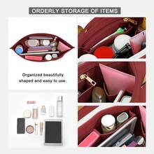 可折叠手提包收纳内胆，多口袋毛毡手提包收纳袋，带拉链，内置2个杯架，秋冬季礼物，酒红色 - 酒紅色 - 查看 5