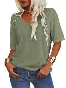 Imily Bela Women's 3/4 Sleeve Shirts V Neck Loose Fitting Tops Casual Solid Color Tshirts  Basic Tunic Summer Ladies Tops - 軍綠色 - 查看 2