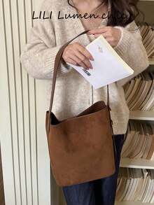Neue Vintage Tasche Braun Große Kapazität Eimer Tasche, Umhängetasche, Unterarmtasche, Umhängetasche Geschäftsfrauen Lässige leichte Pendlertasche Mode Studententasche, geeignet für Arbeit, Einkaufen und täglichen Gebrauch - Braun - Übersicht 4