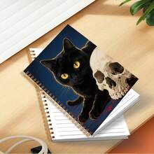 Halloween Spooky Black Cat Skull Art Spiral Notebook, Gothic Horror - Themed Journal Perfect For Holiday Notes, Gifting, And Spooky Season Ambiance Creation