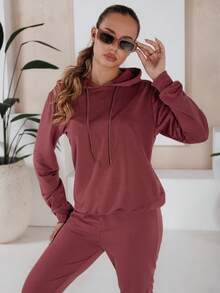 Women's Two-Piece Tracksuit Set With A Hoodie And Pants With Cuffs. Casual Basic Tracksuit With Pockets For Comfortable Everyday Wear, Perfect For Both Daily Urban Looks And Sports Activities. - Red - View 4