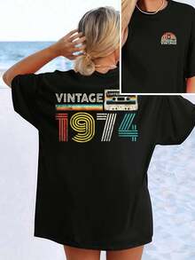 Vintage 1974 Cassette Top , Women's Double Sided Printed Fashion Casual Round Neck 220gsm Cotton T-Shirt (1 PC)