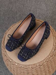 Square Toe Chunky Heel Shoes, Bowknot Slip-On Flats, Fashion Slip-On Loafers, Blue Plaid High Heels, Women's High Heel Pumps, Run Large, Size 35-43