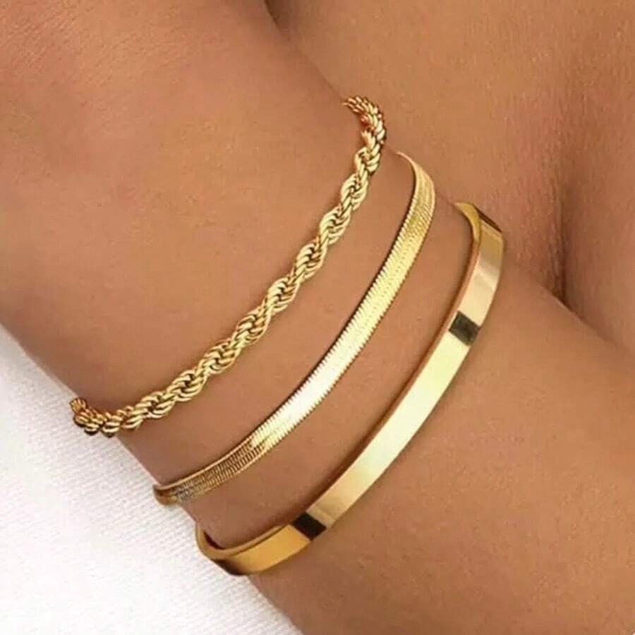 3-Piece Luxury Women's Bracelet Set: Chain Bracelet + Polished Metal Bracelet + Snake Bone Bracelet - 金色 - 查看 1