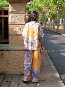 Yess Loren 宽腿系带图案太阳印花长裤海滩罩衫游泳夏季假期节日可爱休闲优雅托斯卡纳太阳 - 彩色 - 查看 3