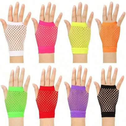 1 Pair Of Solid-Color High-Elastic Fishing Net Gloves, Short Open-Weave Fingerless Gloves, Punk-Style Decorative Gloves, For Party And Nightclub Dance Performances