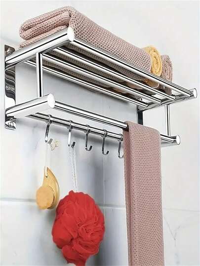 Barra de toallas de acero inoxidable con 5 ganchos, resistente a la oxidación, organizador de estantería para ducha para baño, sostiene toallas, batas, esponja