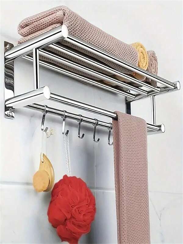 5-Hook Stainless Steel Rust-Proof Towel Bar, Shower Caddy Organizer Rack For Bathroom, Holds Towels, Robes, Loofah