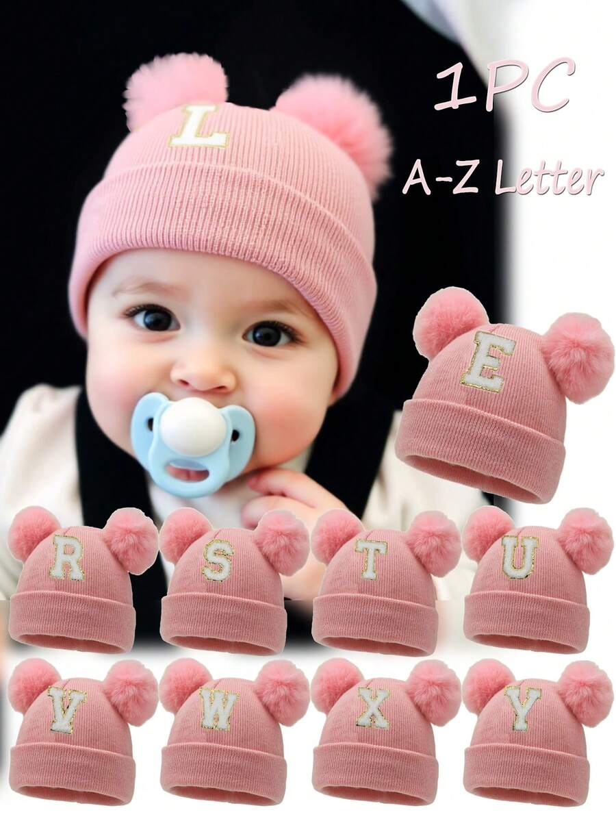 1pc Baby Letter Knit Hat, Soft, Warm And Comfortable, Suitable For Boys And Girls Outdoor Wear In Autumn And Winter - Pink - View 1