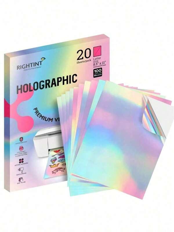 A4 Size 20 Sheets Inkjet And Laser Printer Holographic Printable Sticker Paper, Vinyl Printable Sticker, Waterproof Glossy Sticker For Quick Drying -8.3 X 11.7 Inches, Rainbow Color, Fantasy Theme, Window Decoration | Rainbow Effect | Smooth Surface | Halloween Graffiti Sticker | Christmas Decoration