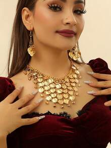 2 pièces Ensemble de boucles d'oreilles et collier avec tête de déesse en métal, accessoires de mode style bohème, convient pour les fêtes d'été décontractées, la photographie, les costumes d'Halloween - A - Voir 2