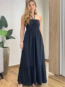 Women's Long Fluid Strapless Dress With Tie - Black - View 2