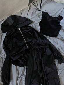 1 Set Tuta Casual ed Elegante in Velluto Tinta Unita, Composta da Top, Gilet e Pantaloni, Adatta per Uso Domestico e Casual, Colore Nero, Primavera/Autunno - nero - Visualizzare 1