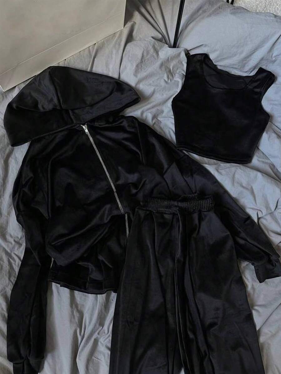 1 Set Tuta Casual ed Elegante in Velluto Tinta Unita, Composta da Top, Gilet e Pantaloni, Adatta per Uso Domestico e Casual, Colore Nero, Primavera/Autunno - nero - Visualizzare 1