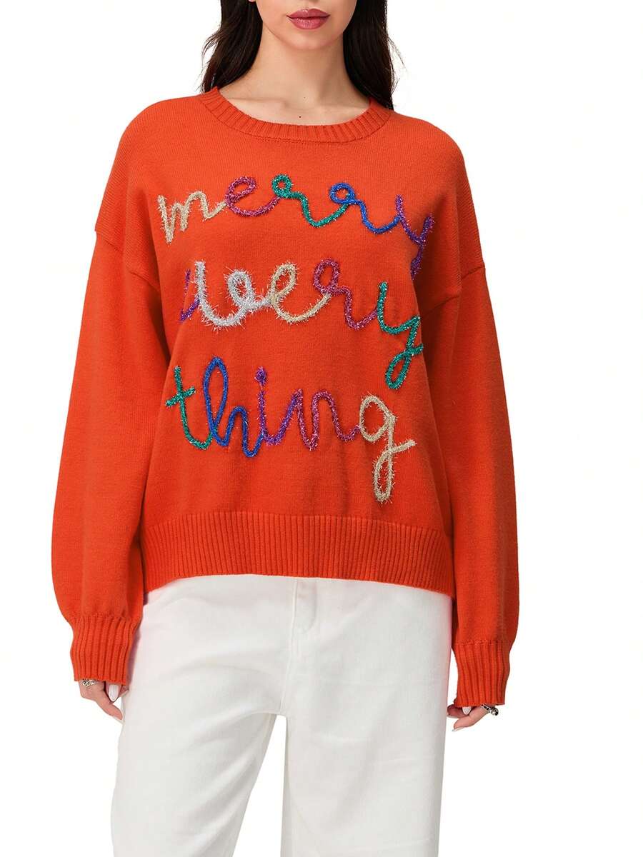 Women's Christmas Ribbed Sweaters Contrast Color Letter Long Sleeve Round Neck Knitted Tops - Red - View 1