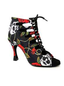 9cm High Heel Skeleton Printed Latin Dance Shoes, Soft Non-Woven Fabric Lace-Up, Comfortable Indoor Sole, Suitable For Party, Halloween, All Seasons - Red 9cm - View 9
