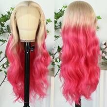 13X4 Ombre Pink Long Wavy Lace Front Wigs For Women Pink Red Color Long Body Wave Synthetic Hair Wigs 180% Density Pre-Plucked Glueless Red Ombre Colored Long Wavy Hair 26 Inch Free Part Soft Natural Look For Daily Party Use - Blonde Pink - 查看 6
