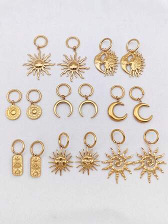 1 Set de 2 Colgantes y Aretes con Forma de Ojo del Diablo, Espiral, Sol, Luna y Cuerno, Chapado en Oro de 18K de Acero Inoxidable, Estilo Bohemio Océano Playa para Mujeres