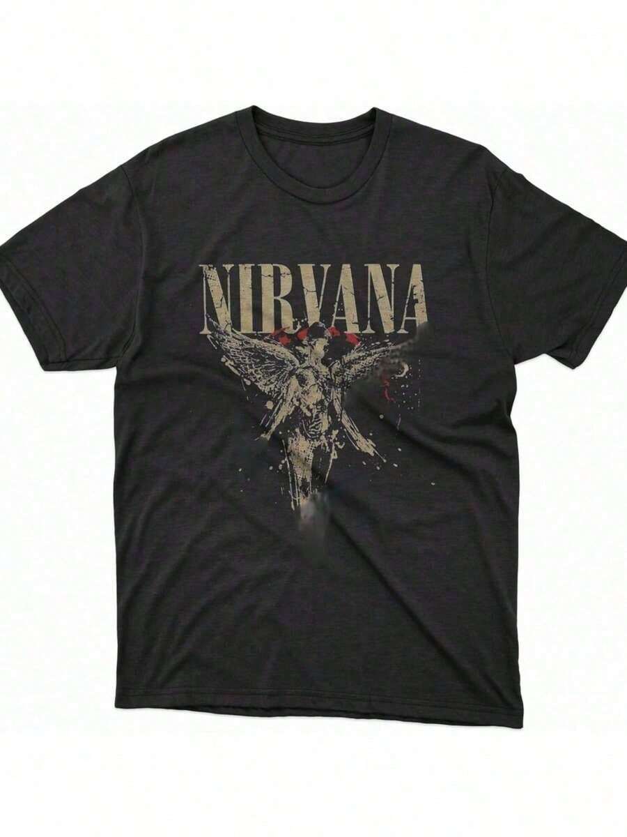 estampado de con angel,Camiseta casual de cuello redondo y manga corta con estampado,adecuada para uso diario en primavera y verano,unisex - Negro - Ver 1