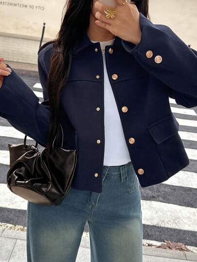 DEEKA 秋冬新款休闲短款女式夹克，百搭翻领柔软外套，适合娇小身材