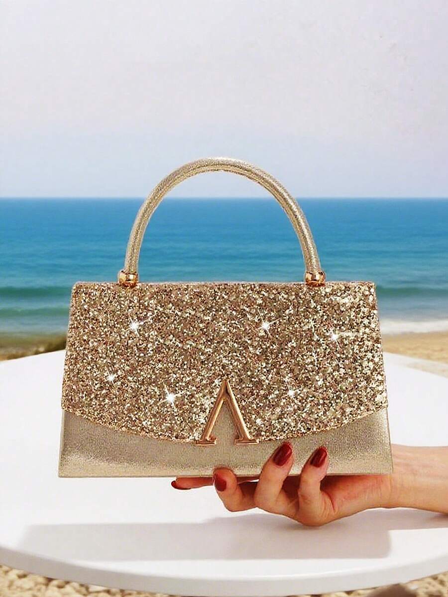 Women's Evening Bag, Glittering Fabric Fashion Clutch, Large Capacity Handbag, Luxury V-Shape Metal Decor, Suitable For Wedding, Party, Gathering, Evening, Birthday Gift, Valentine's Day Gift ,Wedding , Wedding , Valentines Gifts, Party Bags, Wedding Items - Gold - View 1