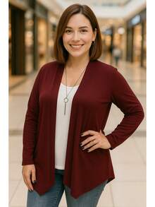 Women's Plus Size Retro Lightweight Cardigan G1 G2 G3 Long Sleeve Kimono Cardigan - 酒紅色 - 查看 1