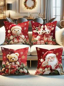 4 pièces/1 pièce Housses de coussin de Noël - Motifs bonhomme de neige, renne, ours en peluche et Père Noël, 18x18 pouces | Fermeture éclair | Couleurs vives, matériau en polyester | Convient pour le salon, la décoration de la chambre, le canapé et la chambre à coucher (insert de coussin non inclus) Parfait pour la décoration de Noël, la fête de Noël, la décoration de la chambre et la décoration de la maison - Multicolore - Voir 5