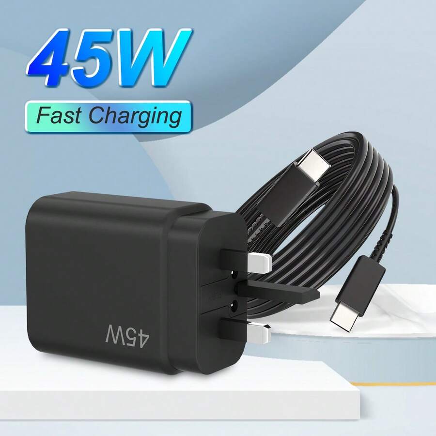 45W 超快充电 USB-C 适配器，配备 3.3 英尺 5A Type-C 数据线，黑色手机充电器，兼容三星 Galaxy S24、S23、S22 Ultra、S24+、S23+、Z Flip 6、Z Fold 6、Tab S9、Tab S8 Ultra、Pixel 9，支持 Nano 快充