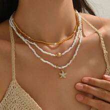 1 Set Multi-Layer Starfish Shell Necklace - Stackable Beach Jewelry, Summer Seaside, Dainty Beaded, Vacation Gift For Women - Vàng - Xem 1