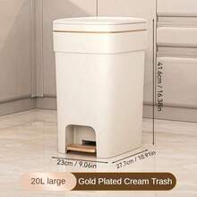 1 pieza Papelera de baño compacta básica de plástico, con pedal sin manos, cierre silencioso, diseño de pedal ligero con aro para bolsa de basura, estética moderna rectangular de gran capacidad, viene con tapa para protección contra olores, adecuada para oficina, dormitorio, cocina, sala de estar, color dorado champán, accesorios de baño, decoración de habitación