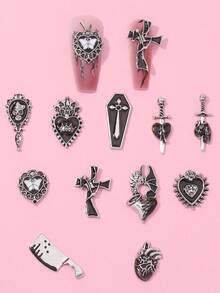 22pcs Vintage Halloween Series Skull, Cross, Heart Nail Art Decorations, DIY Accessories Nails Nail Supplies - Black - View 6