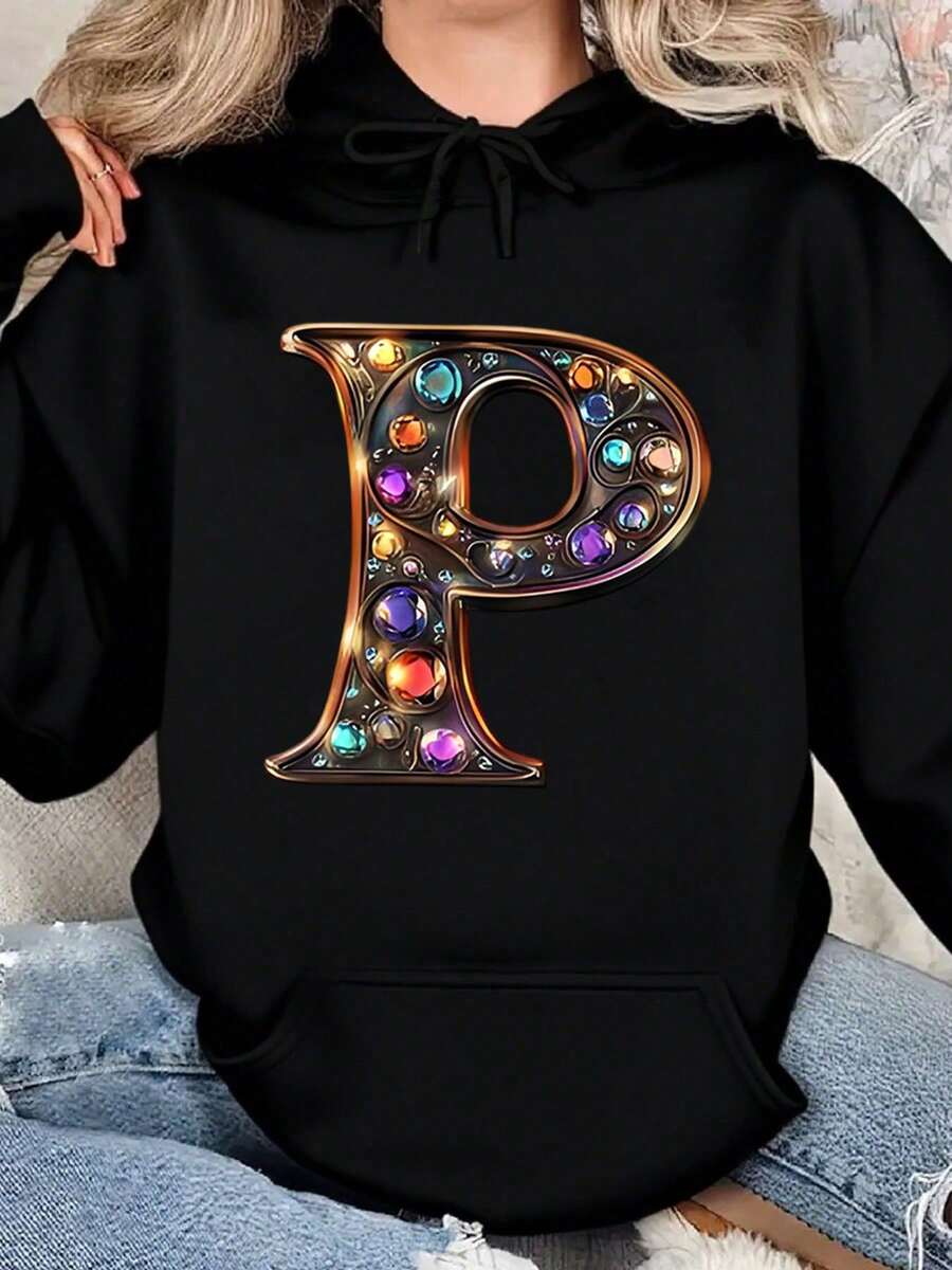 Women's Sparkling P Letter Hoodie - Glitter Gemstone Print, Casual Pullover Sweatshirt For Everyday Wear, Perfect For School, Travel & Relaxation - 黑色 - 查看 1