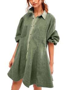 Women's Denim A-Line Mini Babydoll Dress With Long Puff Sleeves, Buttoned Hem, Ruffles And Front Pockets - màu xanh lá - Xem 1