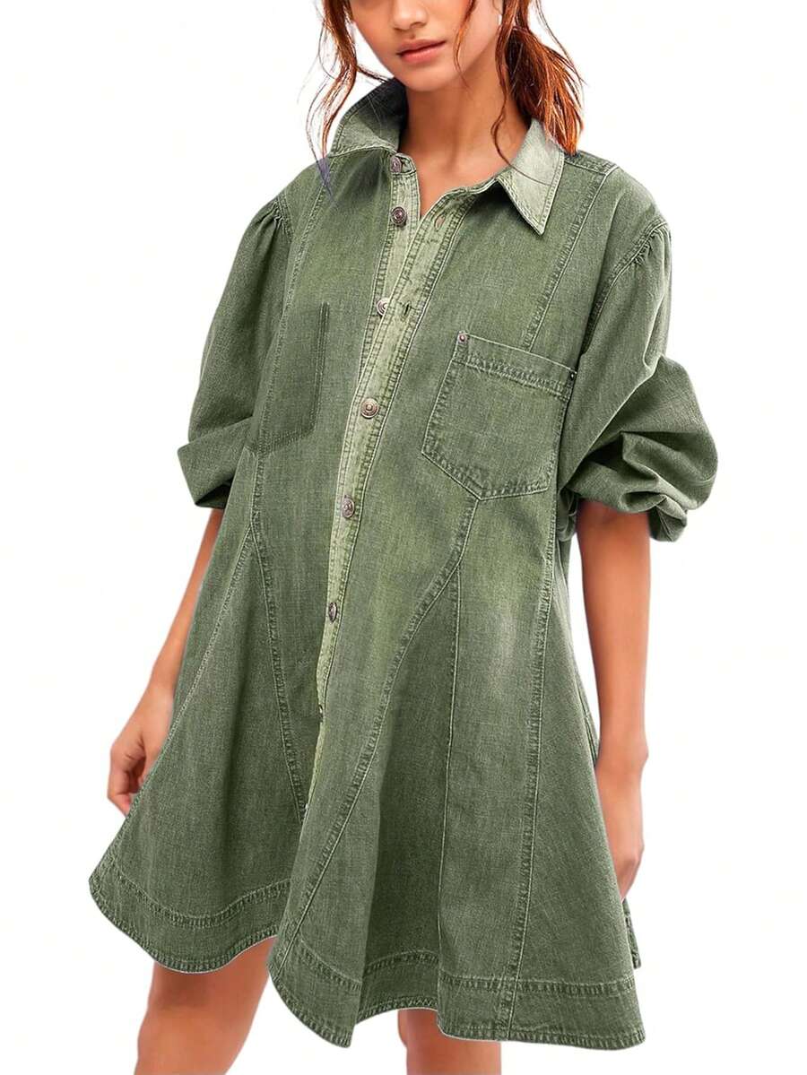 Women's Denim A-Line Mini Babydoll Dress With Long Puff Sleeves, Buttoned Hem, Ruffles And Front Pockets - màu xanh lá - Xem 1
