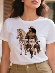 Camiseta negra para mujer Tops casuales de mujer estampado texto motivacional caballo 220 g de algodón puro grueso y cómodo - Blanco - Ver 2