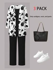 3pcs Plus Size Women Casual Plant Print Jacket + Round Neck Sleeveless Top + Elastic Waist Straight Leg Pants Suit, Commuting Outfit, Autumn/Winter - Black - View 3