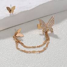 3pcs/Set Copper Butterfly Inlaid Cubic Zirconia Tassel Left Ear Cuff Earrings Set, Suitable For Women's Daily, Party, And Holiday Occasions