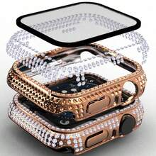1pc Fashionable Attractive Sparkling Crystal Rhinestone Decorated 2-In-1 Anti-Fall Ultra-Thin Tempered Glass Protection Case Compatible With Apple Watch 38/40/41/42/44/45/46mm, Compatible With Apple Watch SE/10/9/8/7/6/5/4/3/2/1 Series, Smartwatch Case Accessory, For Women And Men