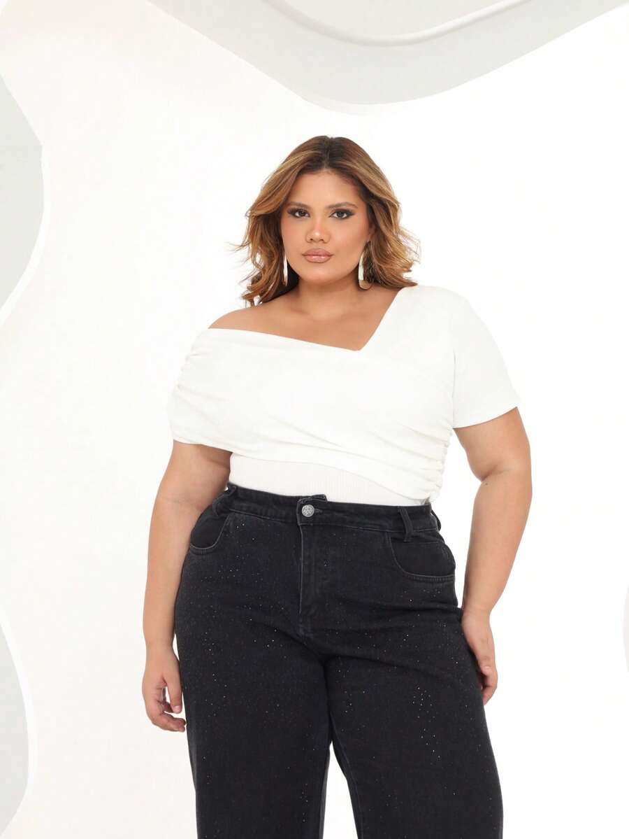 Plus Size Asymmetrical Blouse - 白色 - 查看 1