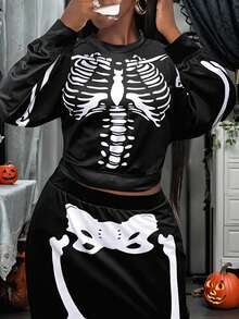 2025 Plus-Size Halloween Costume New Casual Plus-Size Two Pieces Suit, Early Autumn And New Autumn, Day Of The Dead, Easter, Western Style, Parties, Student Costumes, Holiday Restrictions, Role-Playing Dances And Other Scenes, Popular Online Goods, Skull Pattern Printing, Knitted Fabrics, Suitable For Going Out To Wear.