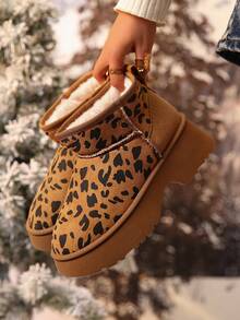 Bottes de neige à semelle épaisse imprimé léopard pour femmes, doublure en fourrure, chaussures d'hiver rembourrées chaudes, bottes pour étudiantes