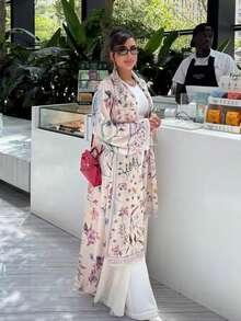 2pcs Modest Printed Cardigan Abaya With Headscarf Set, Middle Eastern Dubai Style Outerwear Eid Spring - Printing Color - View 4